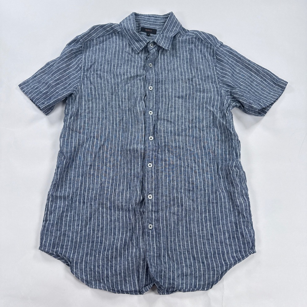 Quince Mens Shirt M Blue Chambray Stripe European Linen Short Sleeve Button Up